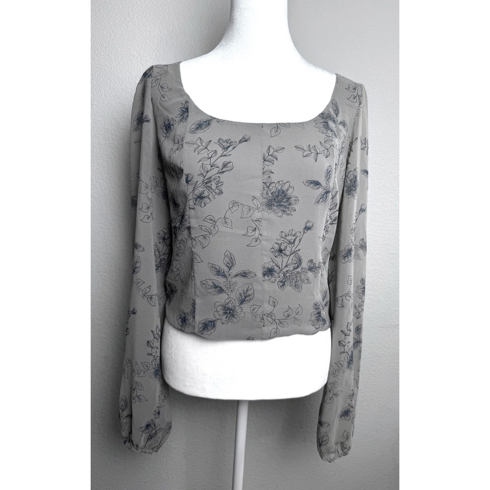 House of Harlow 1960 Floral Square Neck Crop Top Grey Blue Long Sleeve Blouse M
